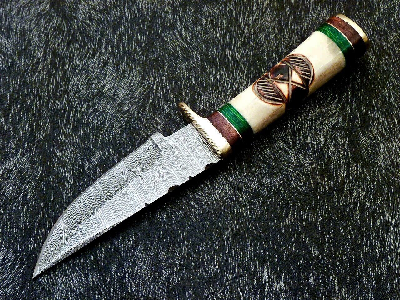 Heritage Forge 8 Inch Damascus Steel Camping Hunting Knife with Engraved Camel Bone Handle