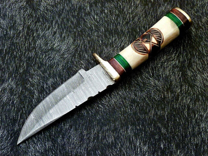 Heritage Forge 8 Inch Damascus Steel Camping Hunting Knife with Engraved Camel Bone Handle