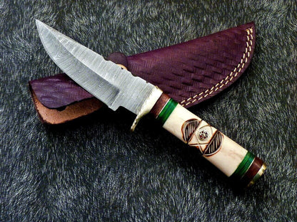 Heritage Forge 8 Inch Damascus Steel Camping Hunting Knife with Engraved Camel Bone Handle