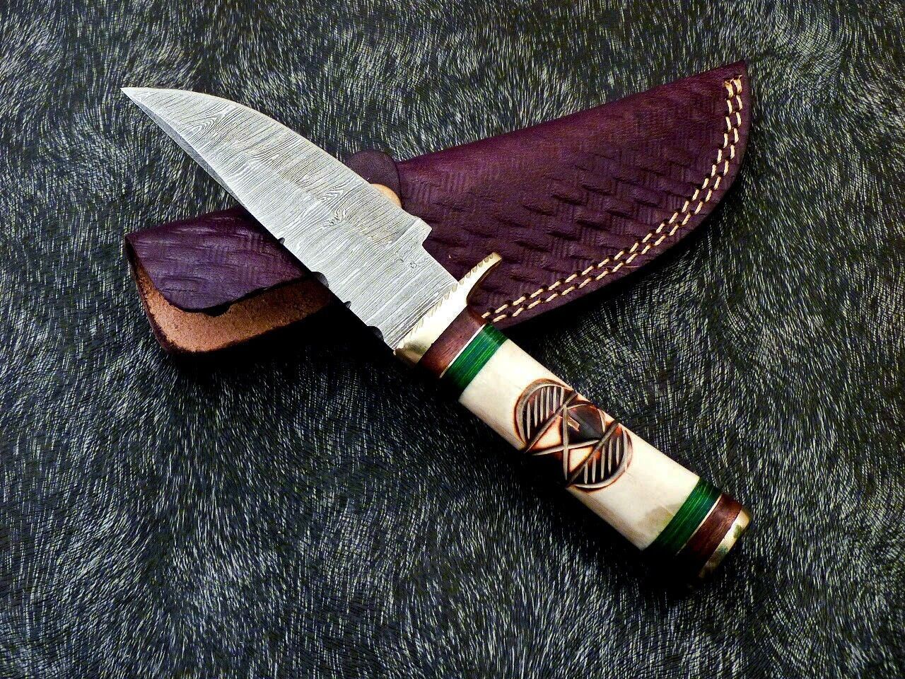 Heritage Forge 8 Inch Damascus Steel Camping Hunting Knife with Engraved Camel Bone Handle