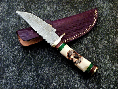 Heritage Forge 8 Inch Damascus Steel Camping Hunting Knife with Engraved Camel Bone Handle