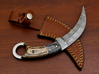 Heritage Forge Damascus Steel Karambit Style Dagger with Pakka Wood Handle