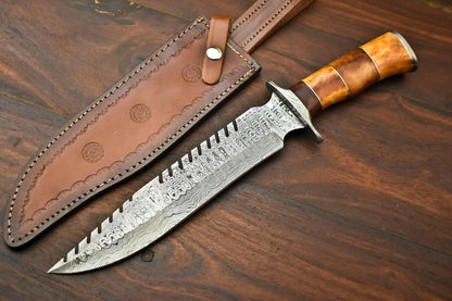 15" Damascus Steel Bowie Knife – Camel Bone Handle