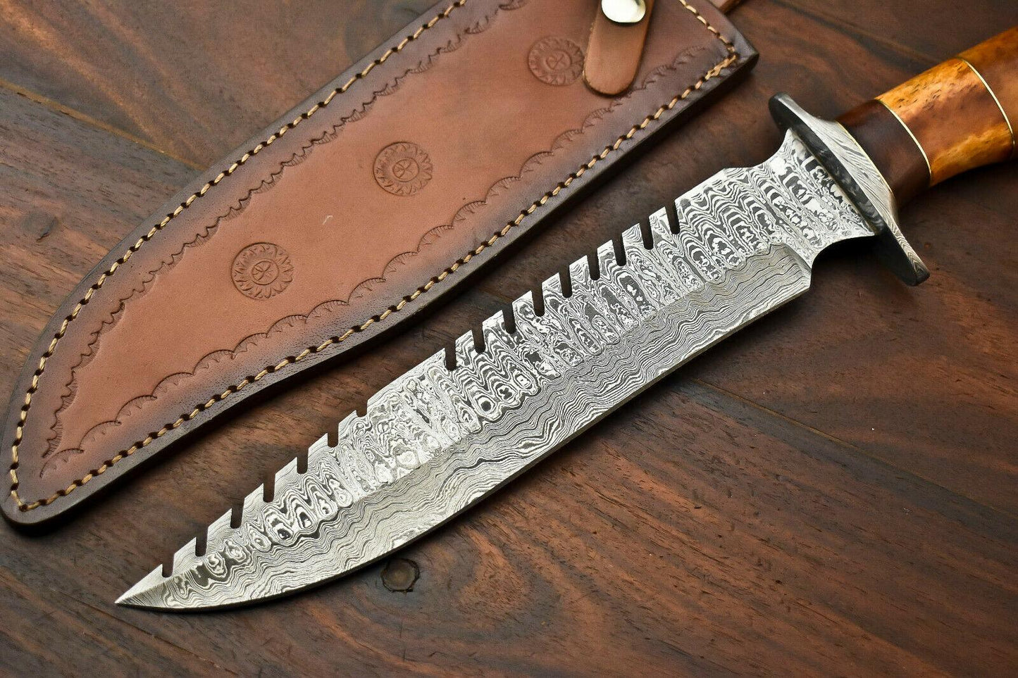 15" Damascus Steel Bowie Knife – Camel Bone Handle