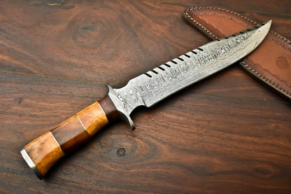 15" Damascus Steel Bowie Knife – Camel Bone Handle