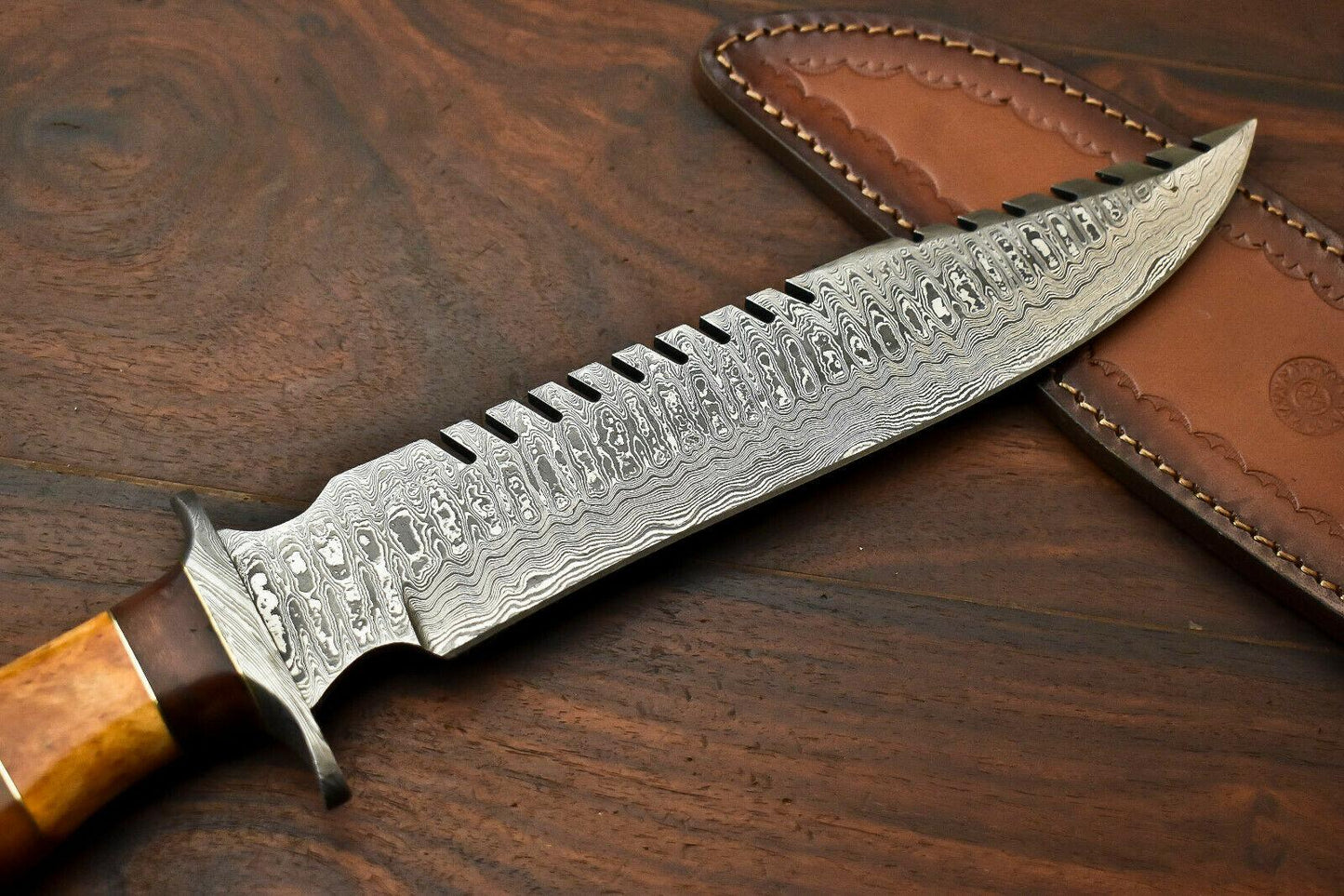 15" Damascus Steel Bowie Knife – Camel Bone Handle