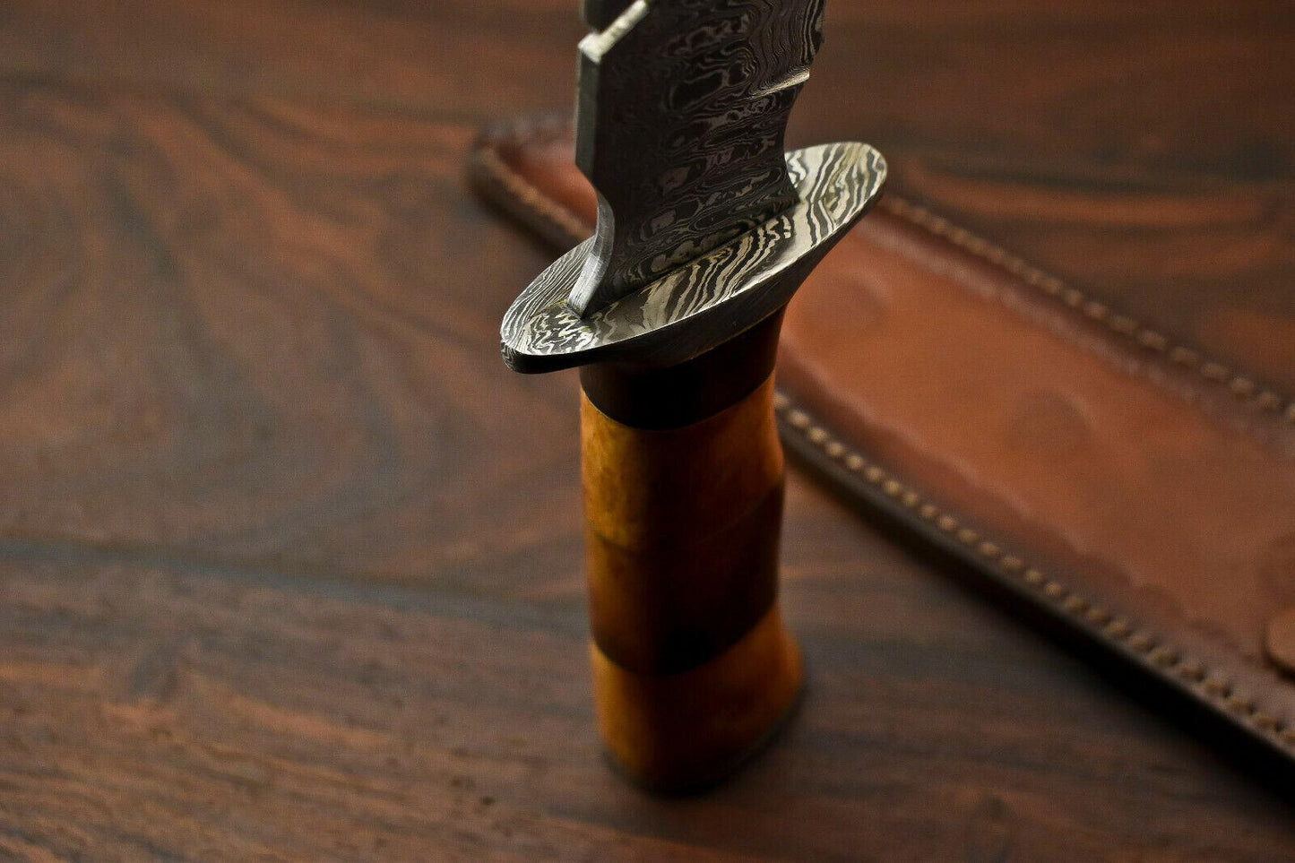 15" Damascus Steel Bowie Knife – Camel Bone Handle