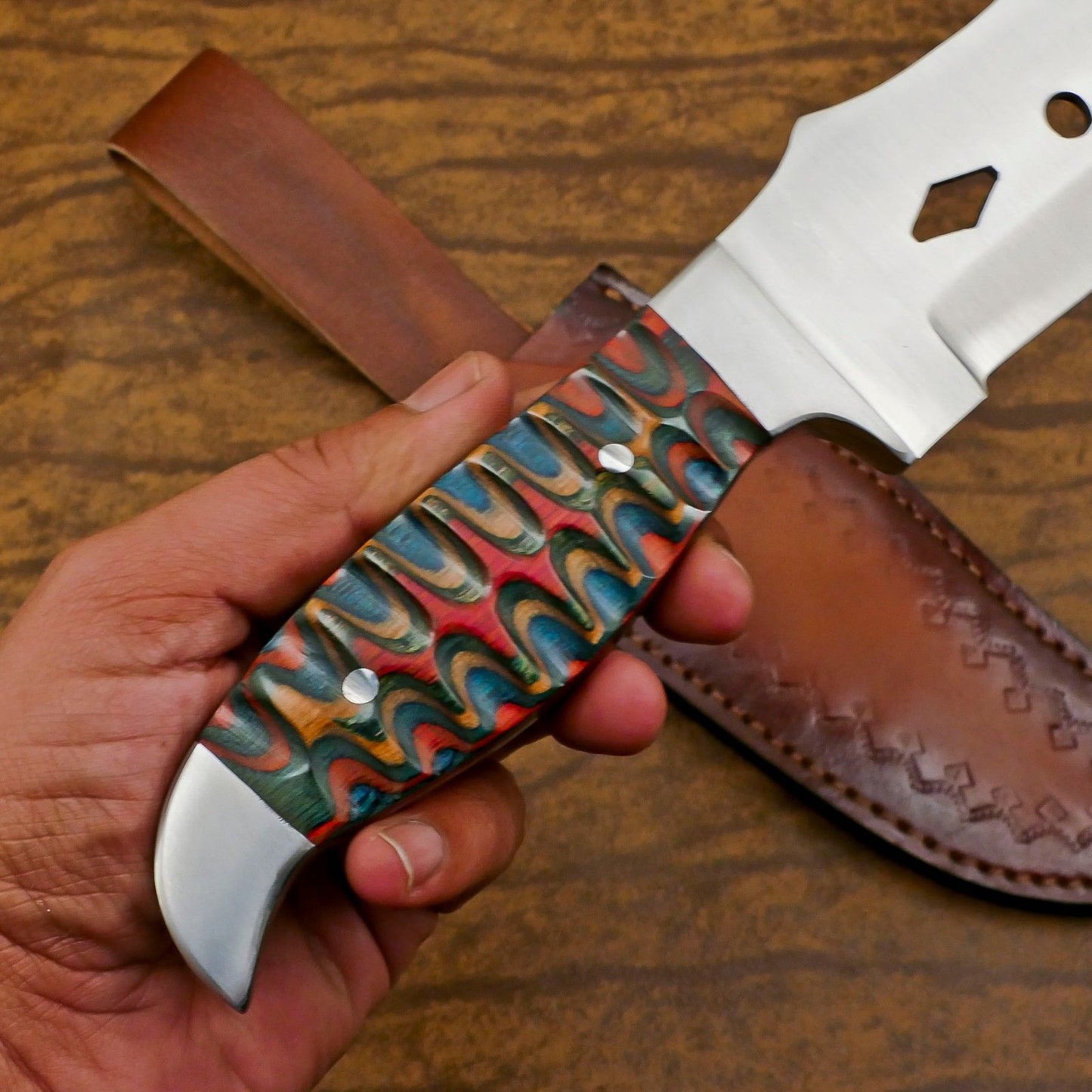 Handmade 12-Inch D2 Steel Full Tang Bowie Hunting Knife – Ergonomic Pakka Wood Handle