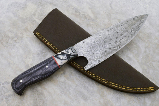 Handmade 10.5-Inch Damascus Steel Chef & Hunting Knife with Hard Wood Handle and Leather Sheath, Full Tang, Oil-Tempered 58-60 HRC, Razor-Sharp Blade