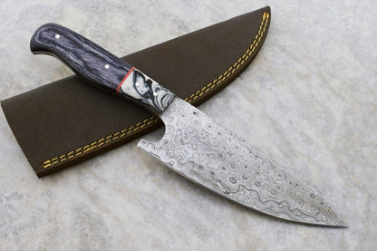 Handmade 10.5-Inch Damascus Steel Chef & Hunting Knife with Hard Wood Handle and Leather Sheath, Full Tang, Oil-Tempered 58-60 HRC, Razor-Sharp Blade