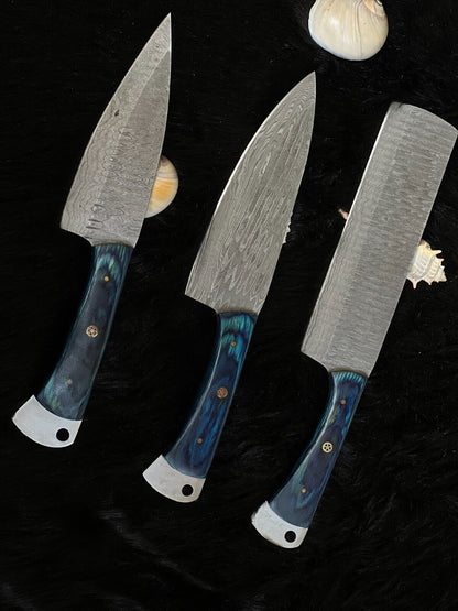 Handmade Damascus Steel Professional Chef Knife Set – Camel Bone & Wood Handle