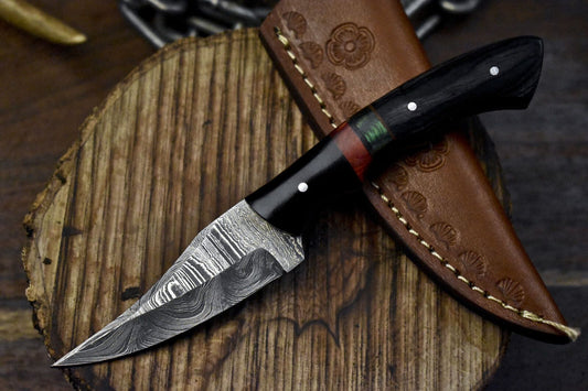 7" Twist Damascus Skinner Knife with Hardwood Handle and Micarta Bolster for Hiking and Outdoor Use