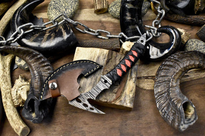 Clever Chopper Axe Knife Twist Damascus with Leather Wrapped Wootz Handle and Leather Sheath