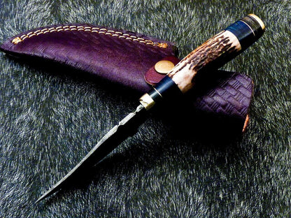 8" Damascus Steel Bowie Knife – Stag Antler & Hardwood Handle with Leather Sheath