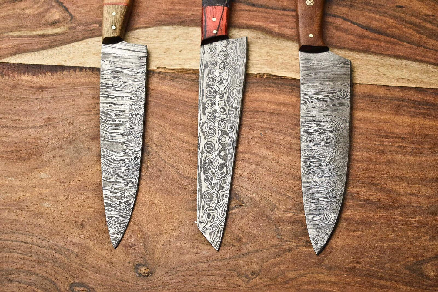 Lot of 3 Handmade Damascus Steel Blade Chef Knives | Full Tang