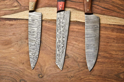 Lot of 3 Handmade Damascus Steel Blade Chef Knives | Full Tang