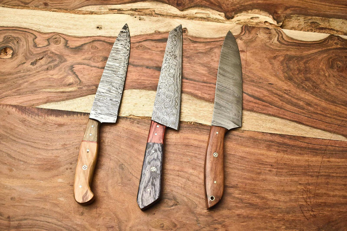 Lot of 3 Handmade Damascus Steel Blade Chef Knives | Full Tang