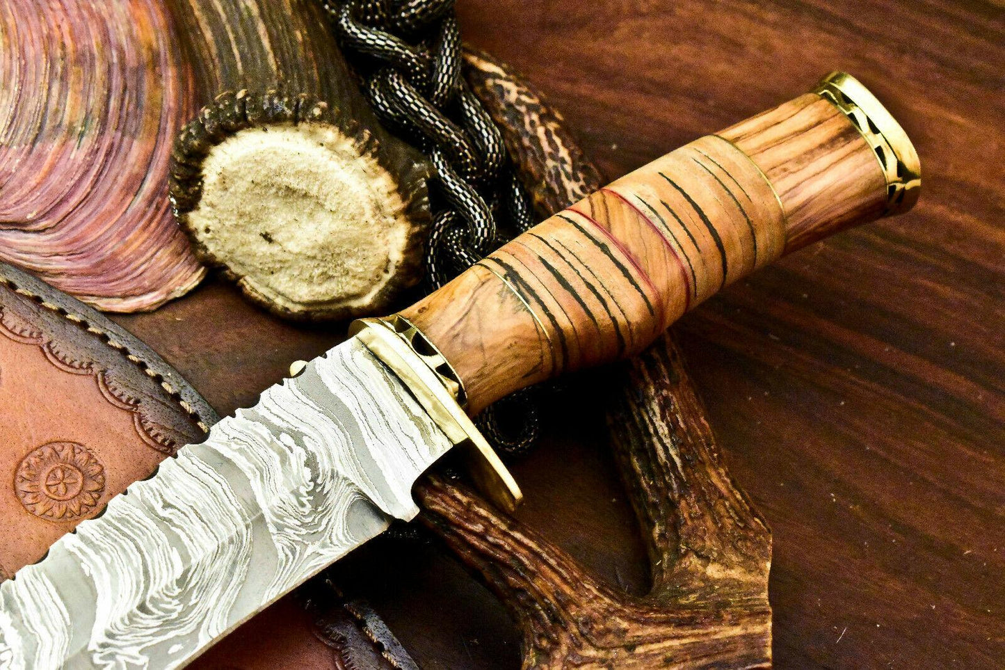 14" Damascus Bowie Knife – Stacked Leather Handle with Leather Sheath