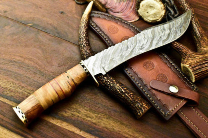 14" Damascus Bowie Knife – Stacked Leather Handle with Leather Sheath