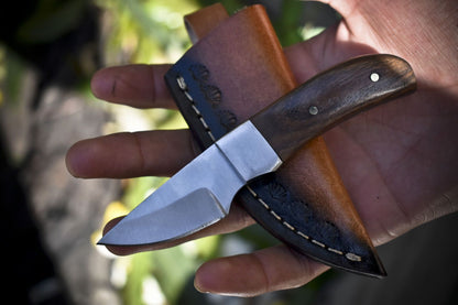 5.5" AUS-8 Steel Skinner Knife with Walnut Wood Handle & Steel Bolster Leather Sheath