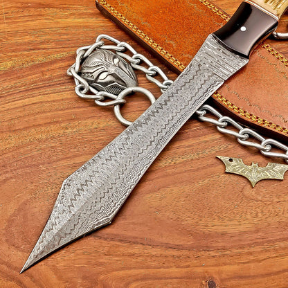 Handmade Damascus Steel Dagger Hunting Knife with Resin Stag Handle and Leather Sheath