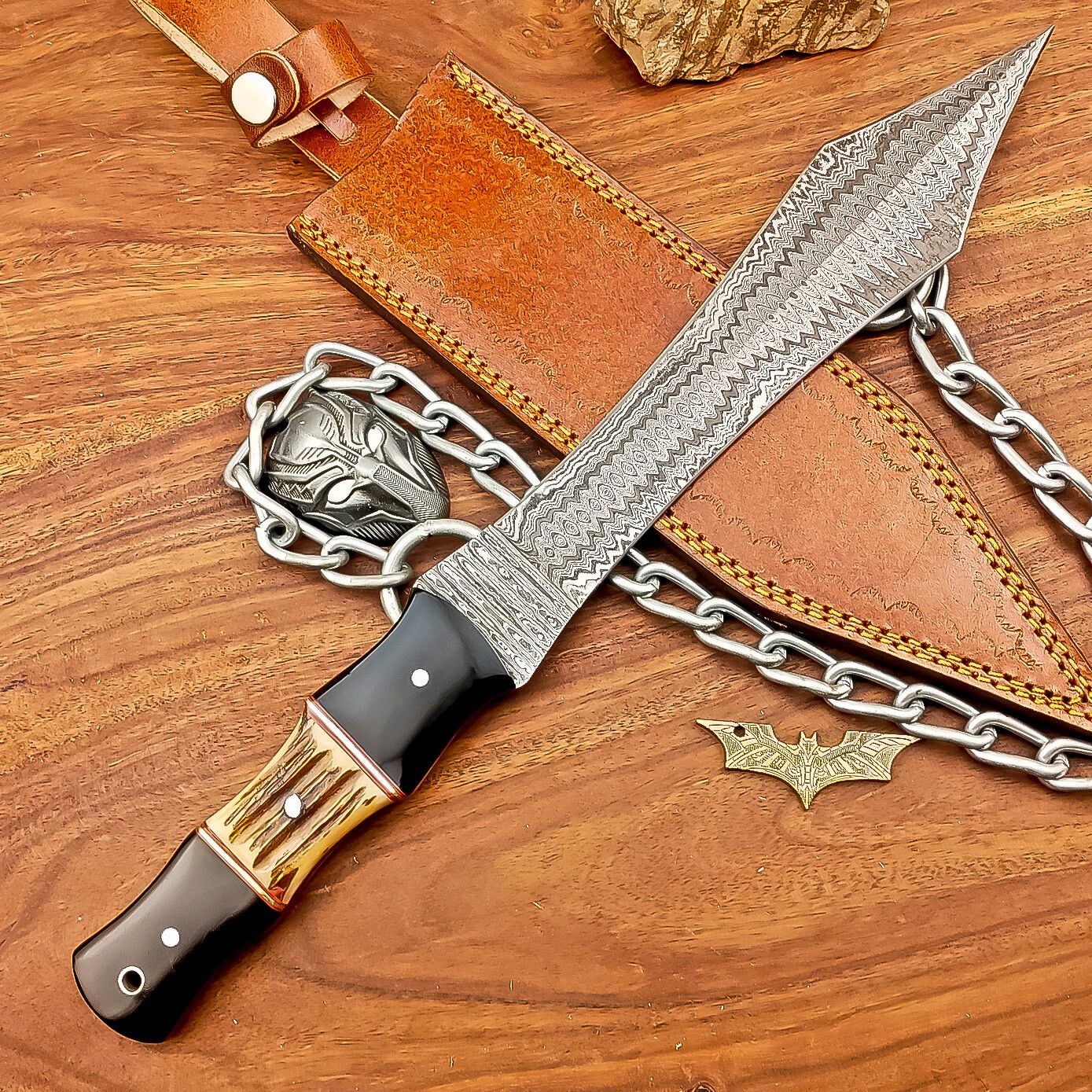 Handmade Damascus Steel Dagger Hunting Knife with Resin Stag Handle and Leather Sheath