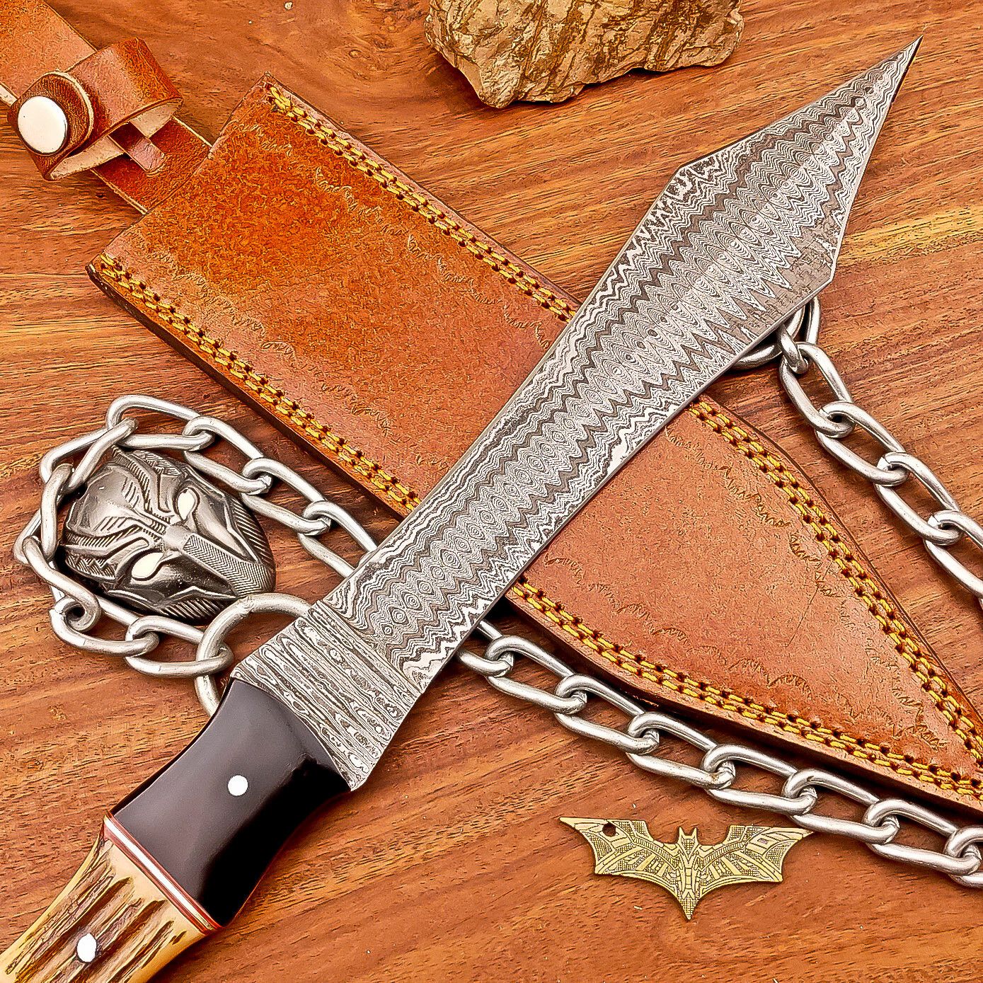 Handmade Damascus Steel Dagger Hunting Knife with Resin Stag Handle and Leather Sheath