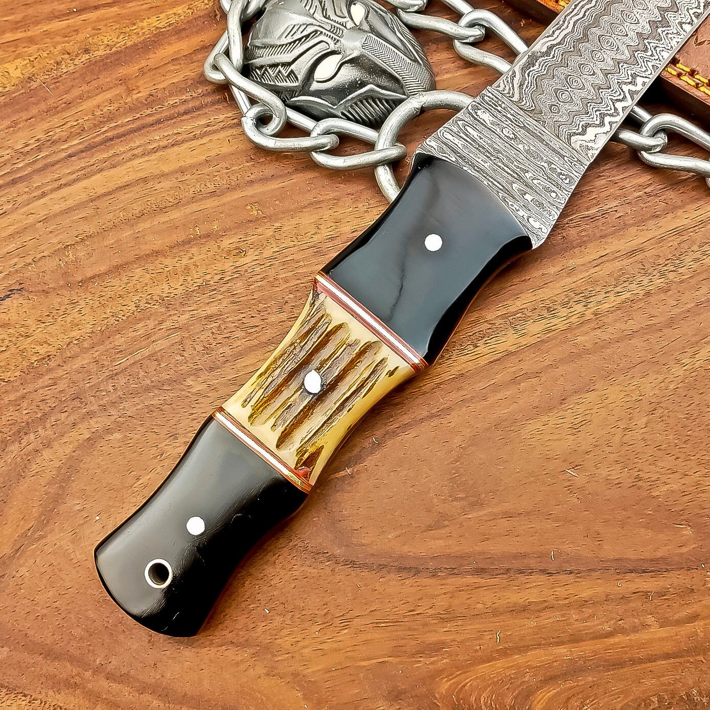 Handmade Damascus Steel Dagger Hunting Knife with Resin Stag Handle and Leather Sheath