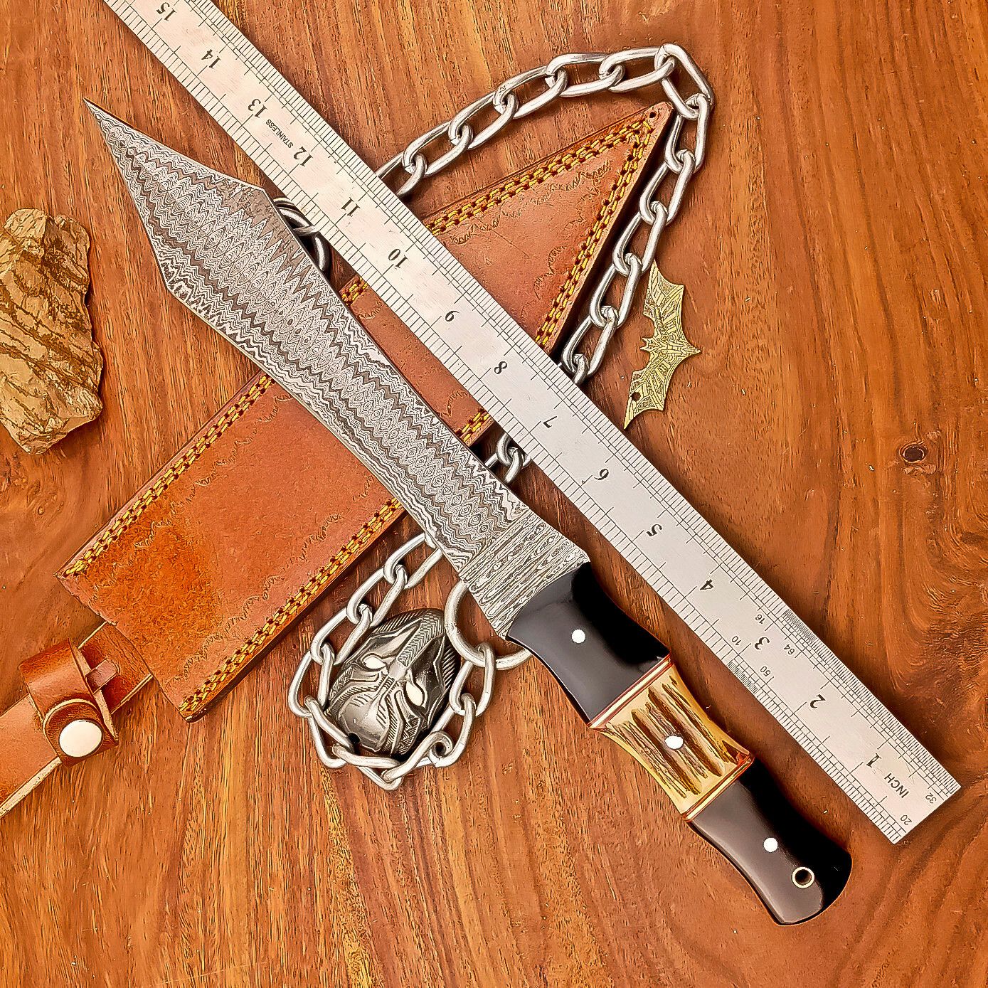 Handmade Damascus Steel Dagger Hunting Knife with Resin Stag Handle and Leather Sheath
