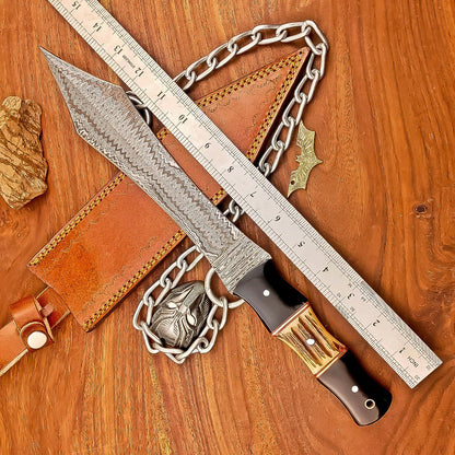 Handmade Damascus Steel Dagger Hunting Knife with Resin Stag Handle and Leather Sheath