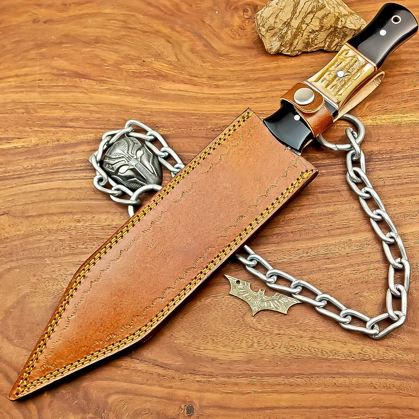 Handmade Damascus Steel Dagger Hunting Knife with Resin Stag Handle and Leather Sheath