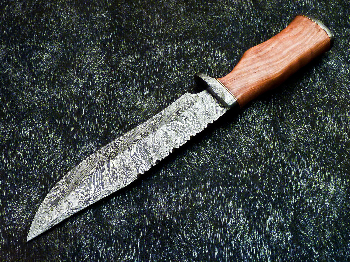 13" Hand-Forged Damascus Bowie Knife | Olive Wood Handle + Leather Sheath