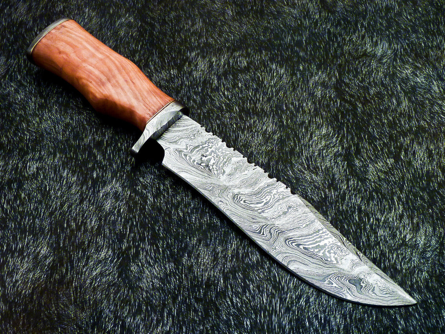 13" Hand-Forged Damascus Bowie Knife | Olive Wood Handle + Leather Sheath