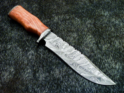 13" Hand-Forged Damascus Bowie Knife | Olive Wood Handle + Leather Sheath