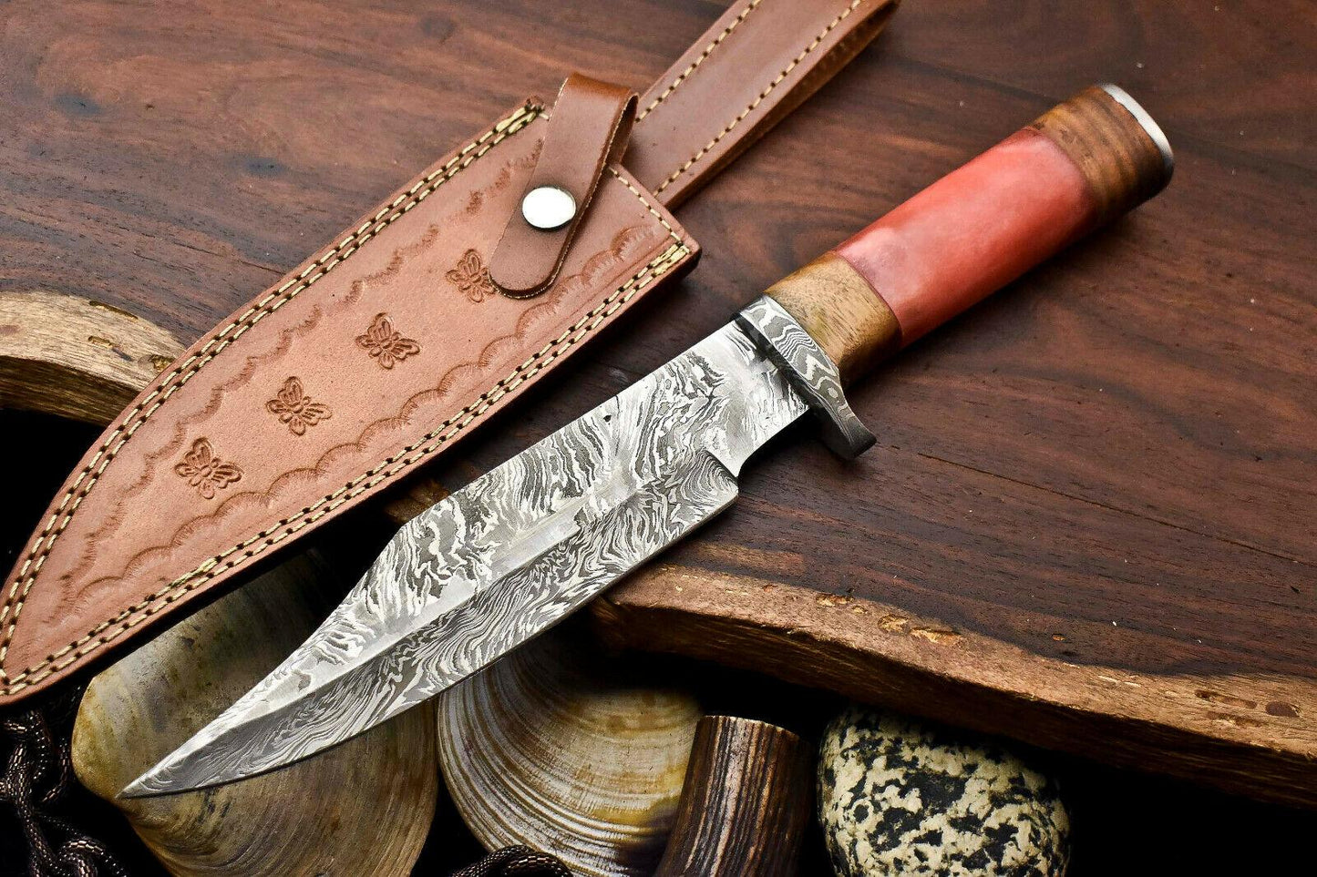 12.5" Handmade Damascus Bowie Knife – Camel Bone Handle & 384-Layer Blade