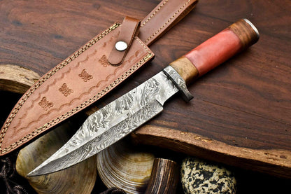 12.5" Handmade Damascus Bowie Knife – Camel Bone Handle & 384-Layer Blade
