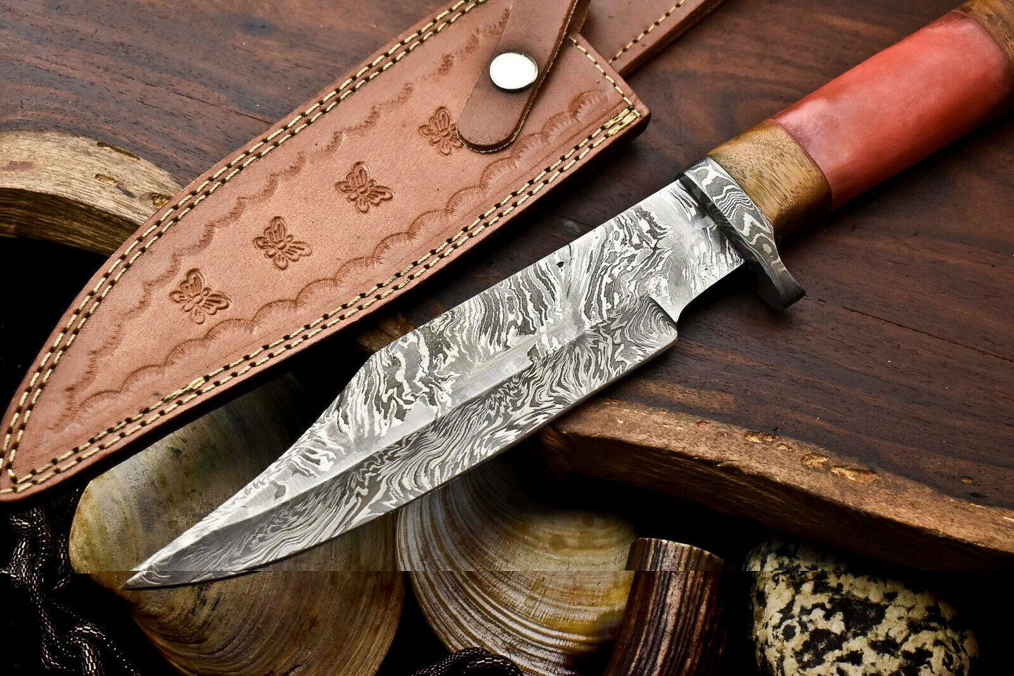 12.5" Handmade Damascus Bowie Knife – Camel Bone Handle & 384-Layer Blade