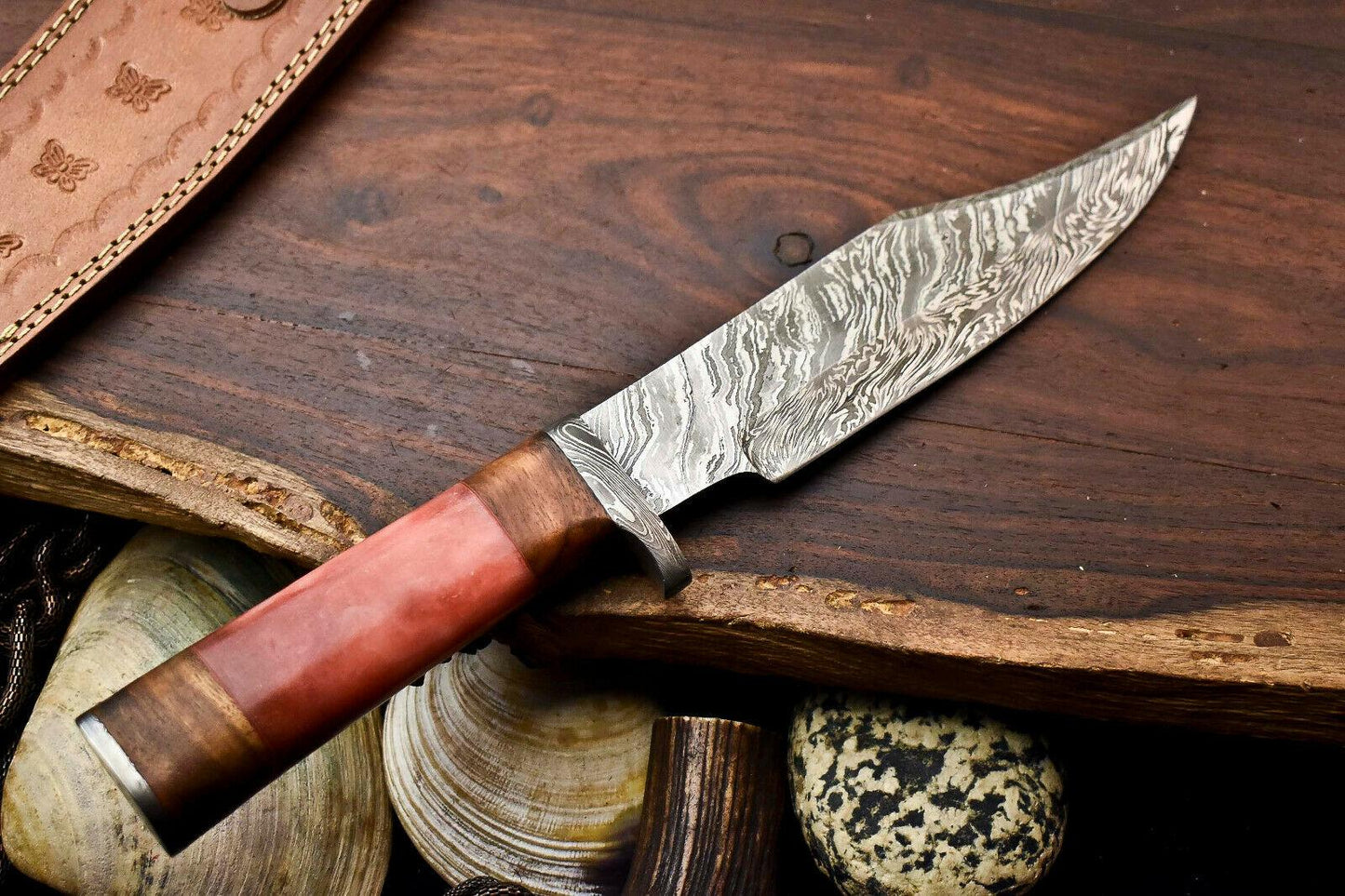 12.5" Handmade Damascus Bowie Knife – Camel Bone Handle & 384-Layer Blade
