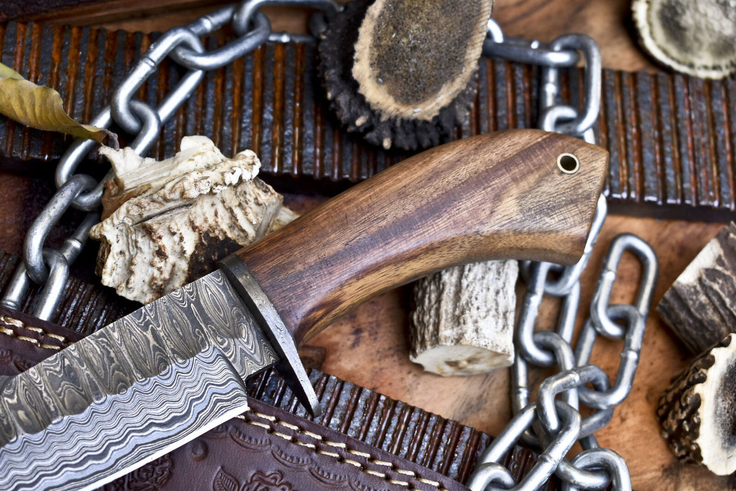 10" Forged Skinner Knife Ladder Damascus with Walnut Wood Handle and Damascus Guard