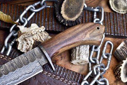 10" Forged Skinner Knife Ladder Damascus with Walnut Wood Handle and Damascus Guard