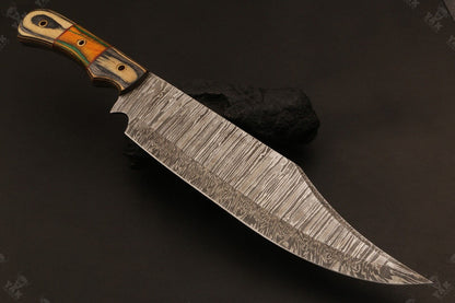 15.5 Inch Hand Forged Fire Damascus Steel Bowie Knife with Camel Bone and Wood Handle by Heritage Forge
