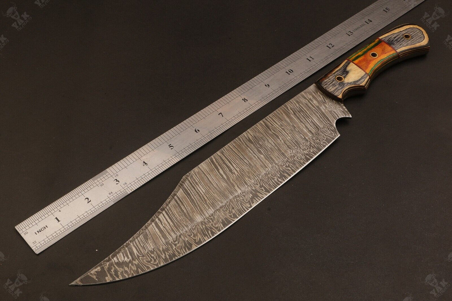 15.5 Inch Hand Forged Fire Damascus Steel Bowie Knife with Camel Bone and Wood Handle by Heritage Forge