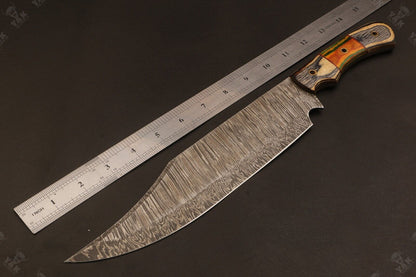 15.5 Inch Hand Forged Fire Damascus Steel Bowie Knife with Camel Bone and Wood Handle by Heritage Forge