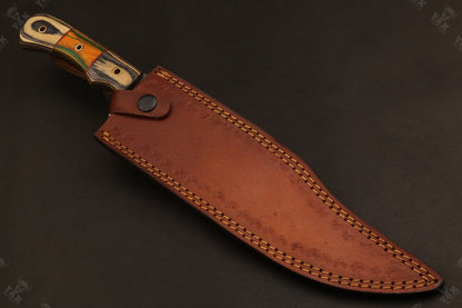 15.5 Inch Hand Forged Fire Damascus Steel Bowie Knife with Camel Bone and Wood Handle by Heritage Forge
