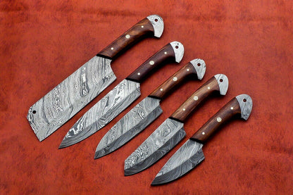 Handmade Damascus Steel 5 Pc's Knife Chef Set with Taali Wood Handle