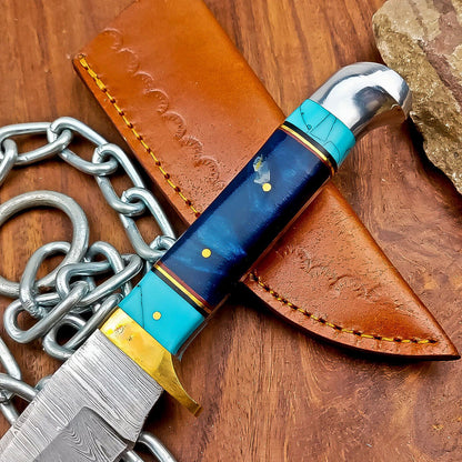 9" Damascus Steel Hunting Knife with Resin Handle – Hand Forged with Leather Sheath