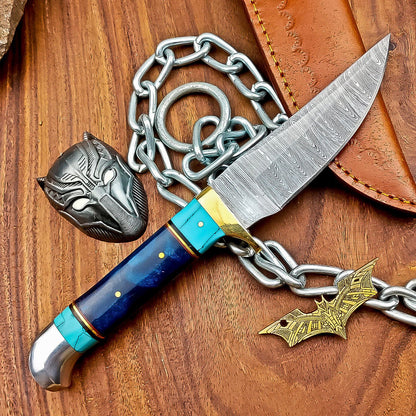 9" Damascus Steel Hunting Knife with Resin Handle – Hand Forged with Leather Sheath
