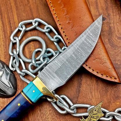 9" Damascus Steel Hunting Knife with Resin Handle – Hand Forged with Leather Sheath