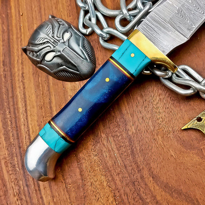 9" Damascus Steel Hunting Knife with Resin Handle – Hand Forged with Leather Sheath