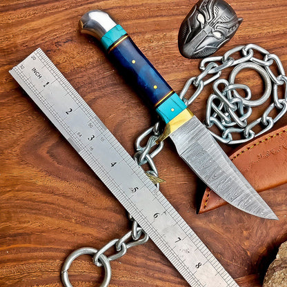 9" Damascus Steel Hunting Knife with Resin Handle – Hand Forged with Leather Sheath